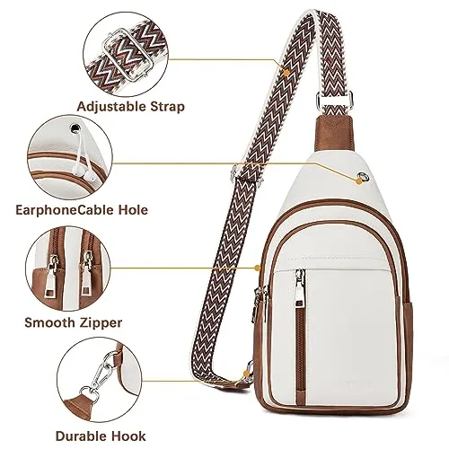 BOSTANTEN Sling Bag Cross Body Bag Trendy Leather Crossbody Purse Chest Bag with Adjustable Guitar Strap for Travel, Beige