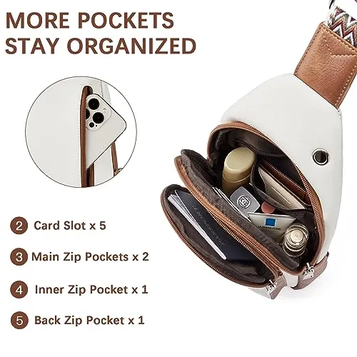 BOSTANTEN Sling Bag Cross Body Bag Trendy Leather Crossbody Purse Chest Bag with Adjustable Guitar Strap for Travel, Beige