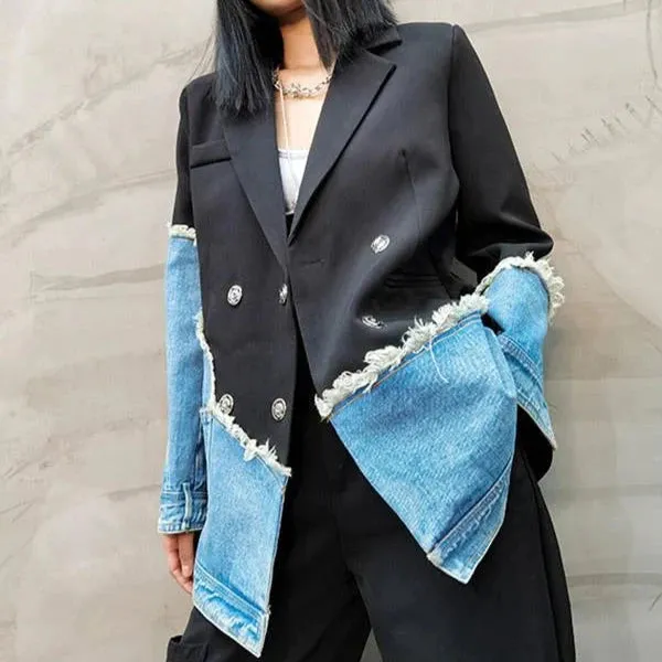 Jenna Asymmetric Denim Patchwork Blazer
