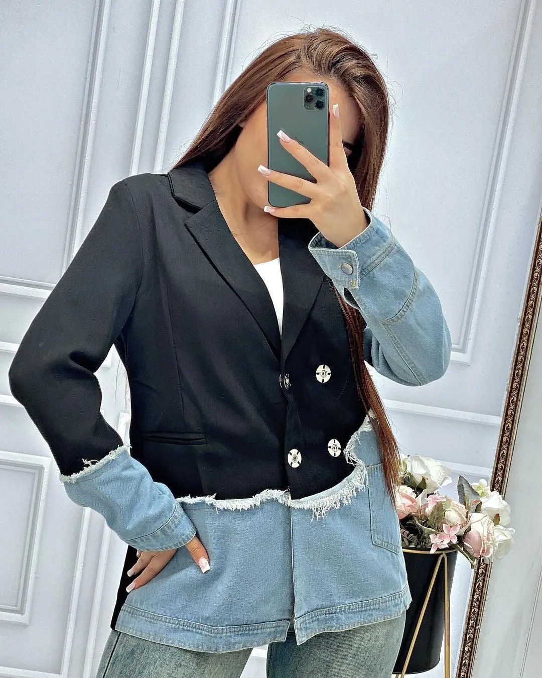 Jenna Asymmetric Denim Patchwork Blazer
