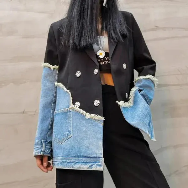 Jenna Asymmetric Denim Patchwork Blazer
