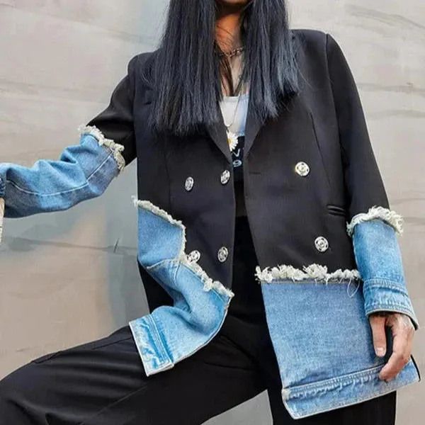 Jenna Asymmetric Denim Patchwork Blazer