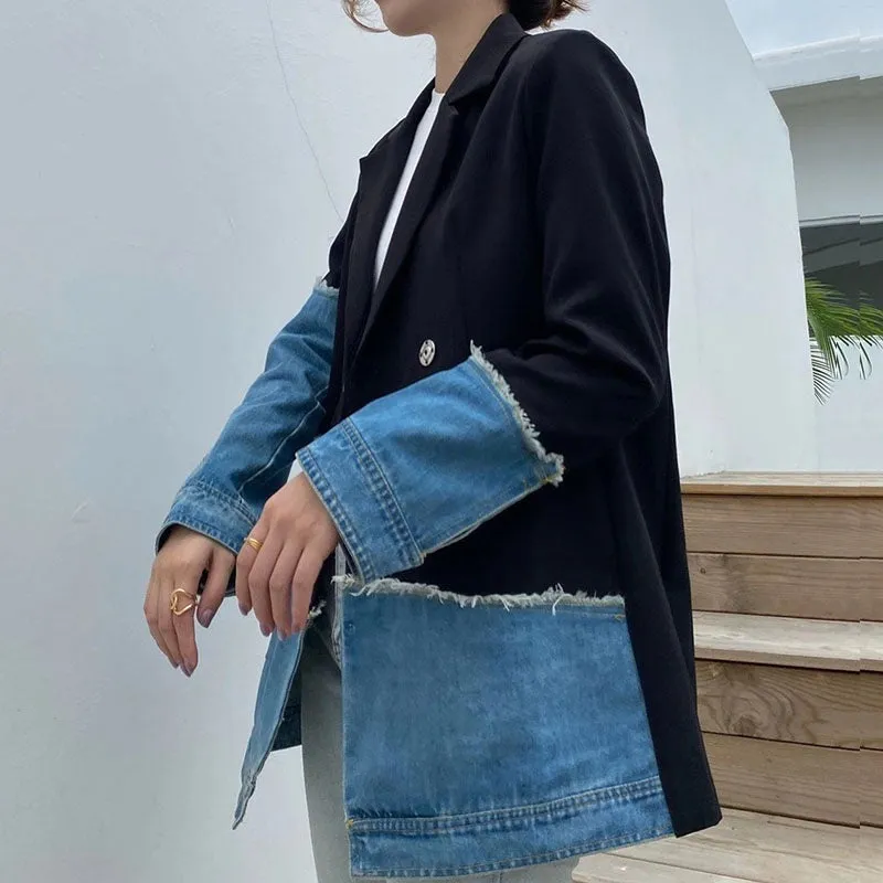Jenna Asymmetric Denim Patchwork Blazer