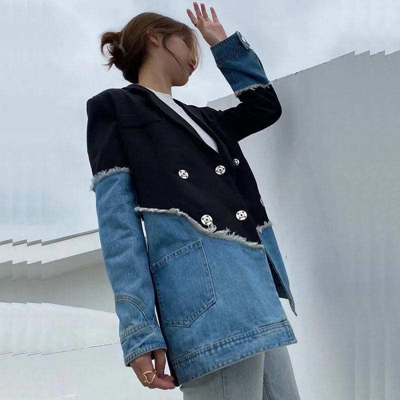 Jenna Asymmetric Denim Patchwork Blazer
