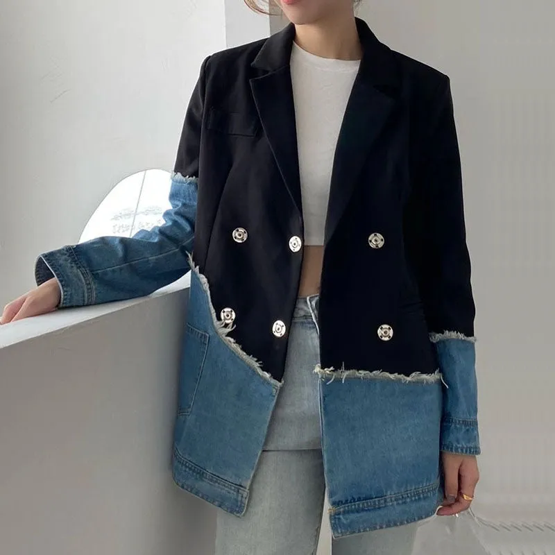 Jenna Asymmetric Denim Patchwork Blazer
