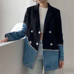 Jenna Asymmetric Denim Patchwork Blazer