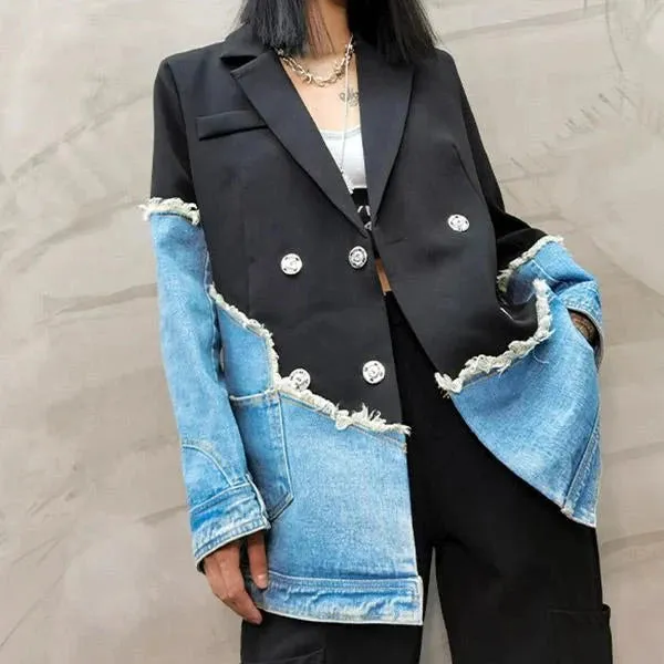 Jenna Asymmetric Denim Patchwork Blazer