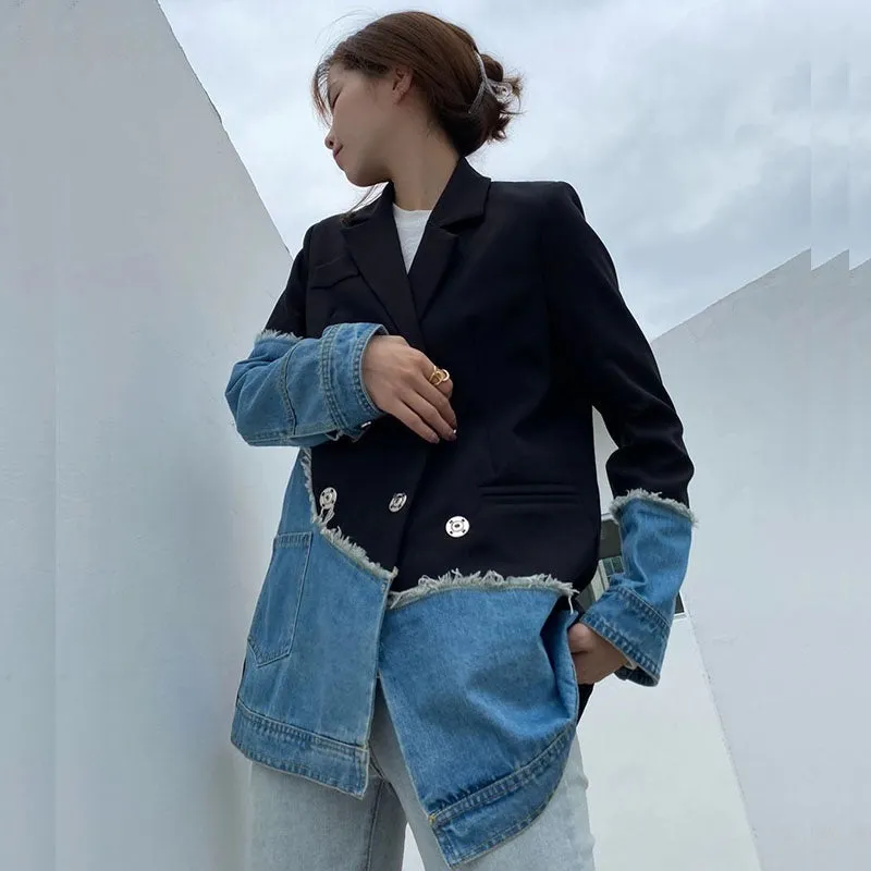 Jenna Asymmetric Denim Patchwork Blazer