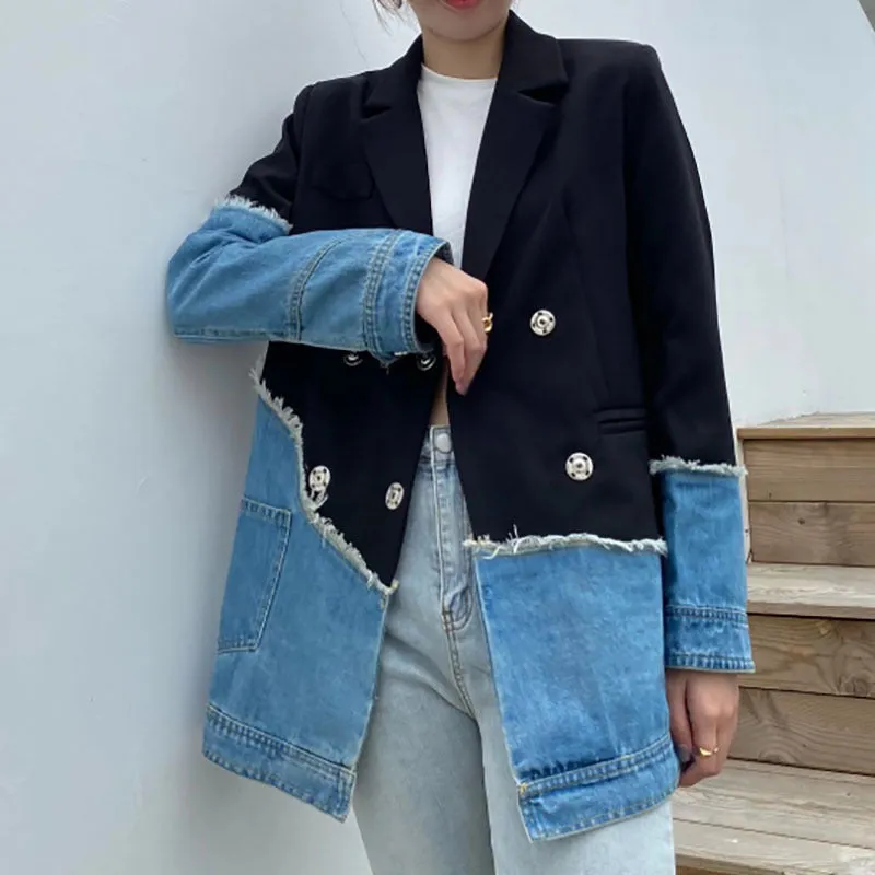 Jenna Asymmetric Denim Patchwork Blazer