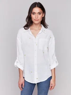 Linen Blend Tunic Blouse with Embroidered Hearts - Gold