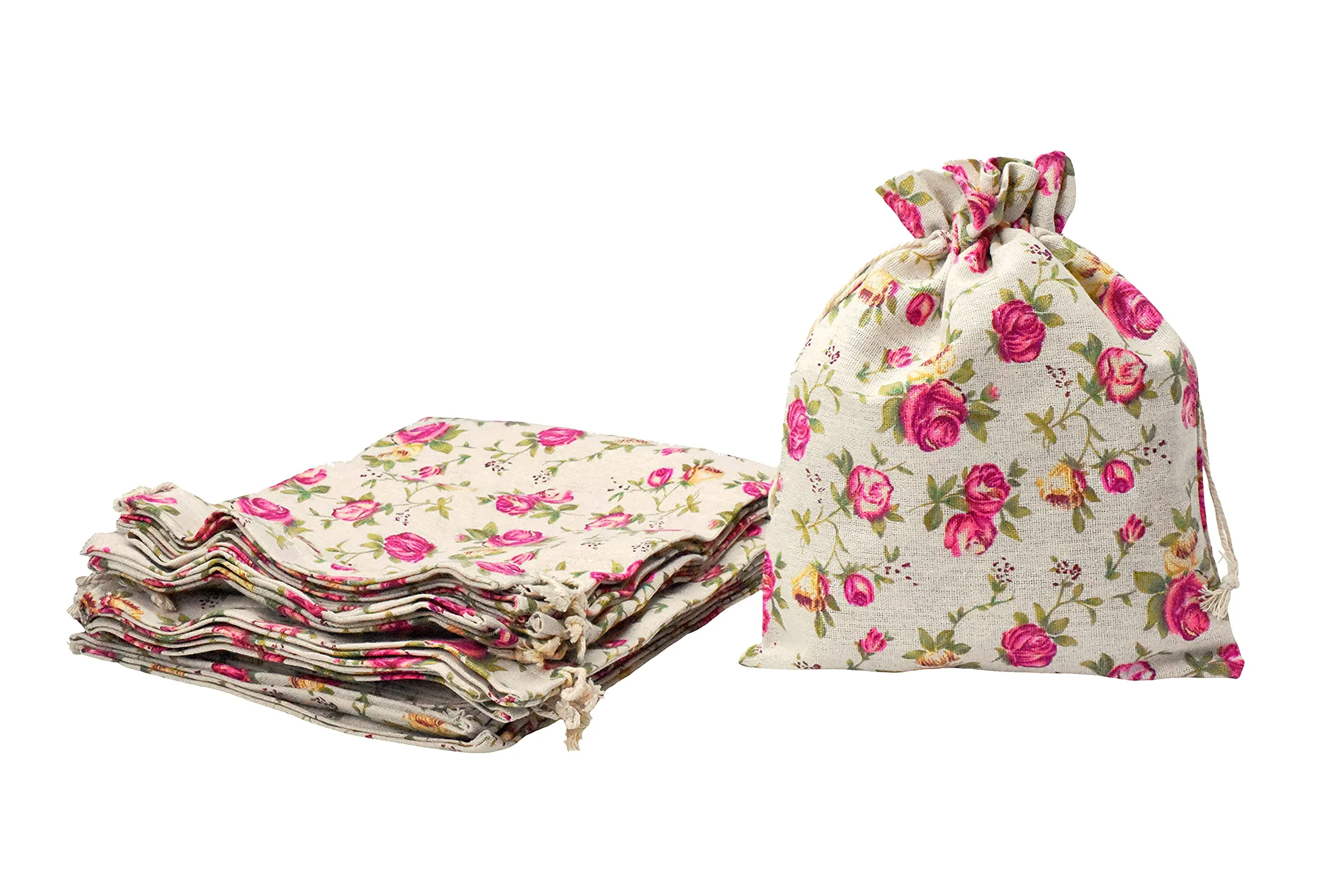 Rose Burlap Drawstring Bags - Floral Gift Bags Flower Linen Burlap Bags with Drawstring Small Pouches for Wedding Party Favor Jewelry