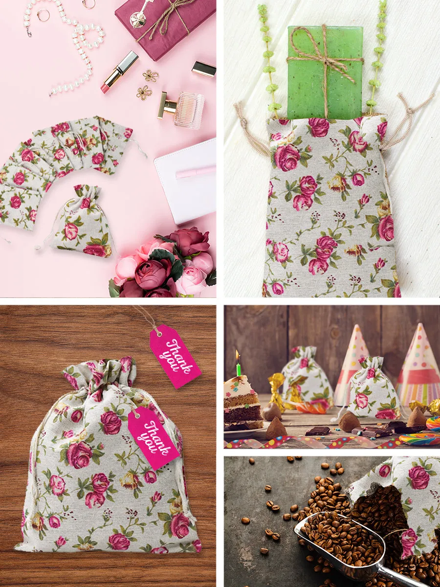 Rose Burlap Drawstring Bags - Floral Gift Bags Flower Linen Burlap Bags with Drawstring Small Pouches for Wedding Party Favor Jewelry