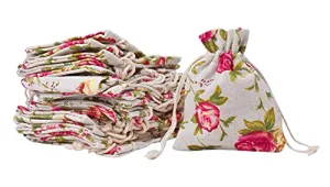 Rose Burlap Drawstring Bags - Floral Gift Bags Flower Linen Burlap Bags with Drawstring Small Pouches for Wedding Party Favor Jewelry