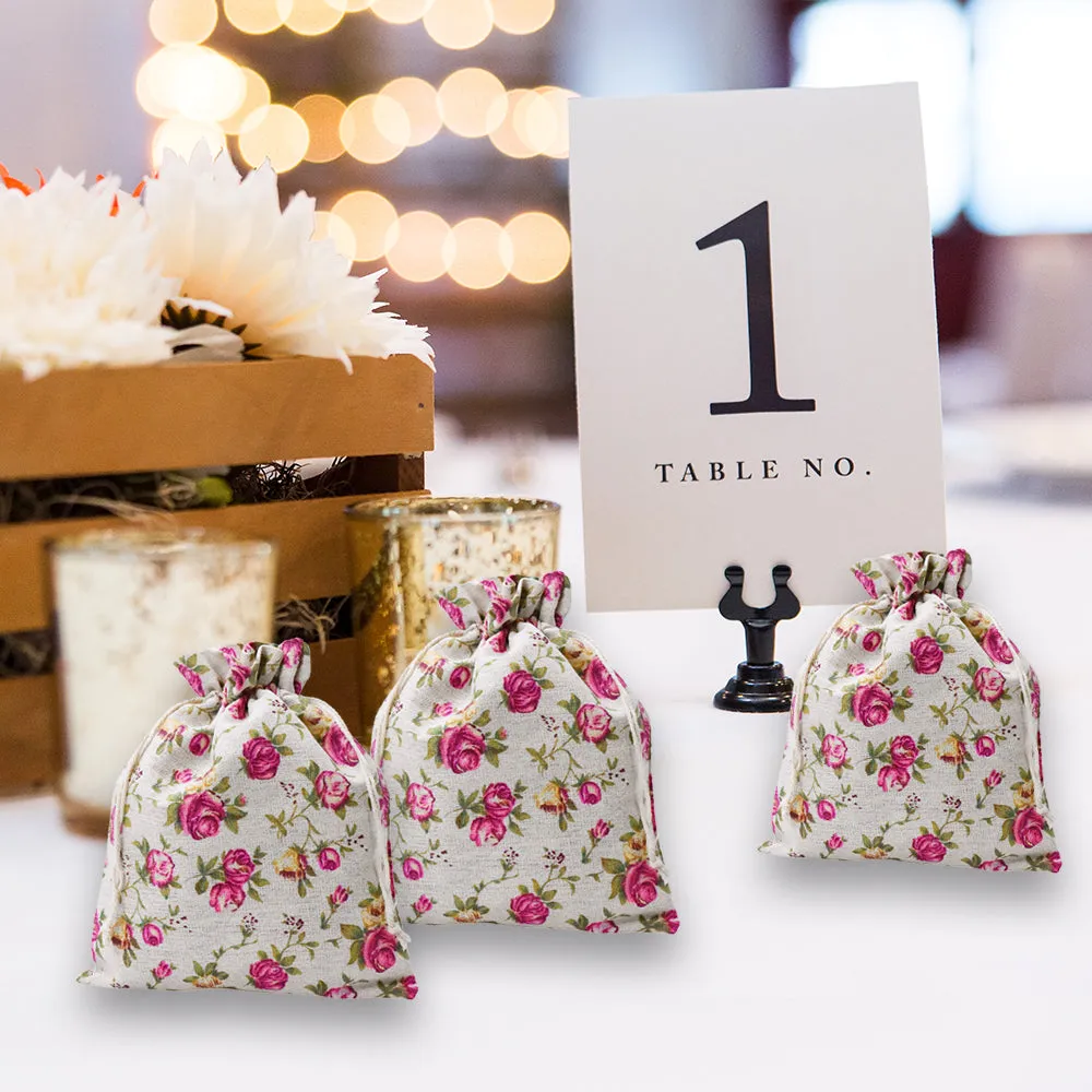 Rose Burlap Drawstring Bags - Floral Gift Bags Flower Linen Burlap Bags with Drawstring Small Pouches for Wedding Party Favor Jewelry