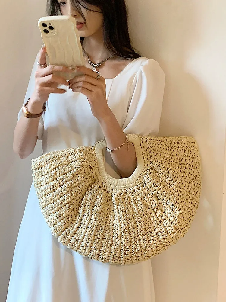 Seaside Holiday Straw Woven Half Circle Bag