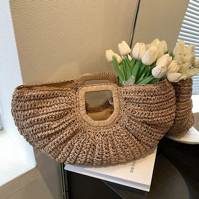 Seaside Holiday Straw Woven Half Circle Bag