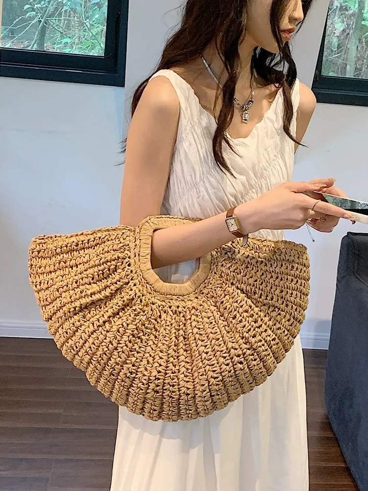 Seaside Holiday Straw Woven Half Circle Bag