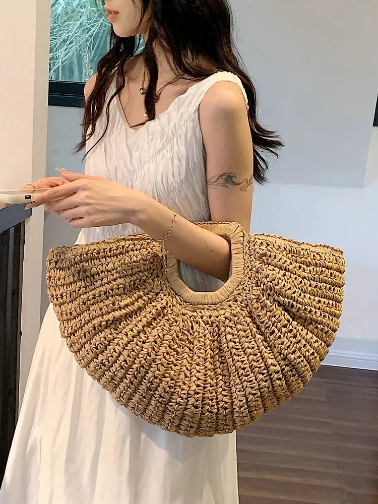 Seaside Holiday Straw Woven Half Circle Bag