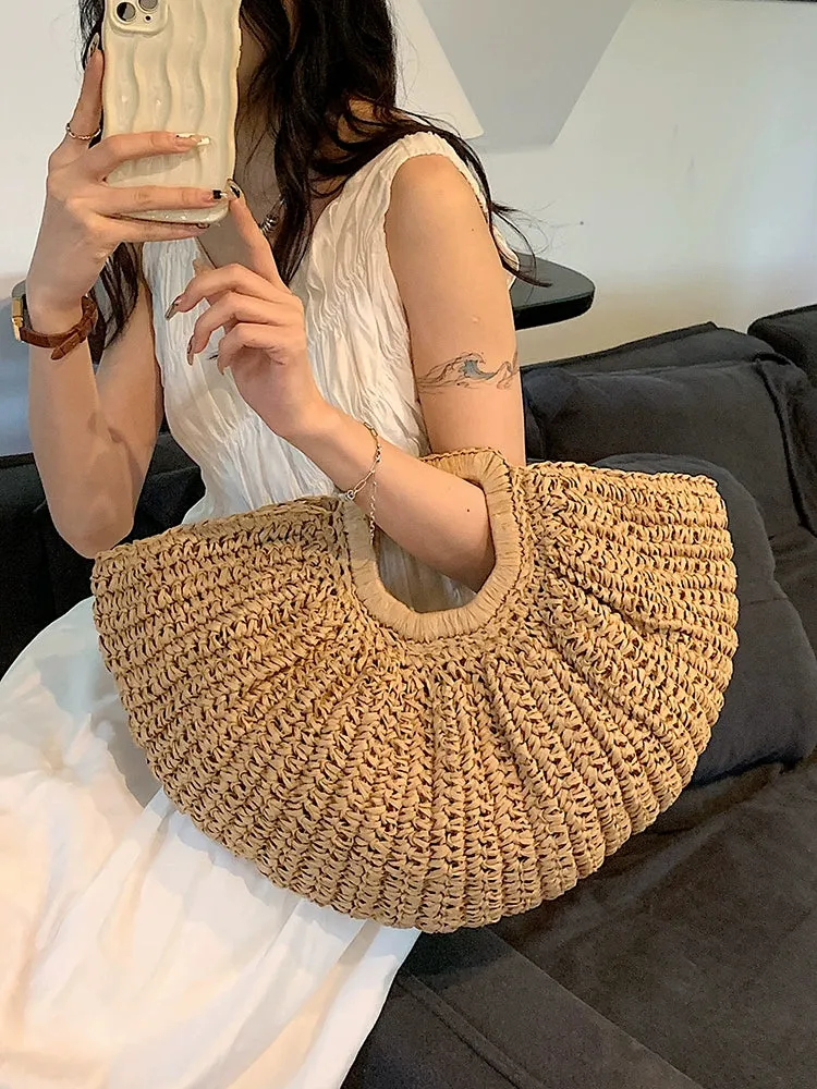 Seaside Holiday Straw Woven Half Circle Bag