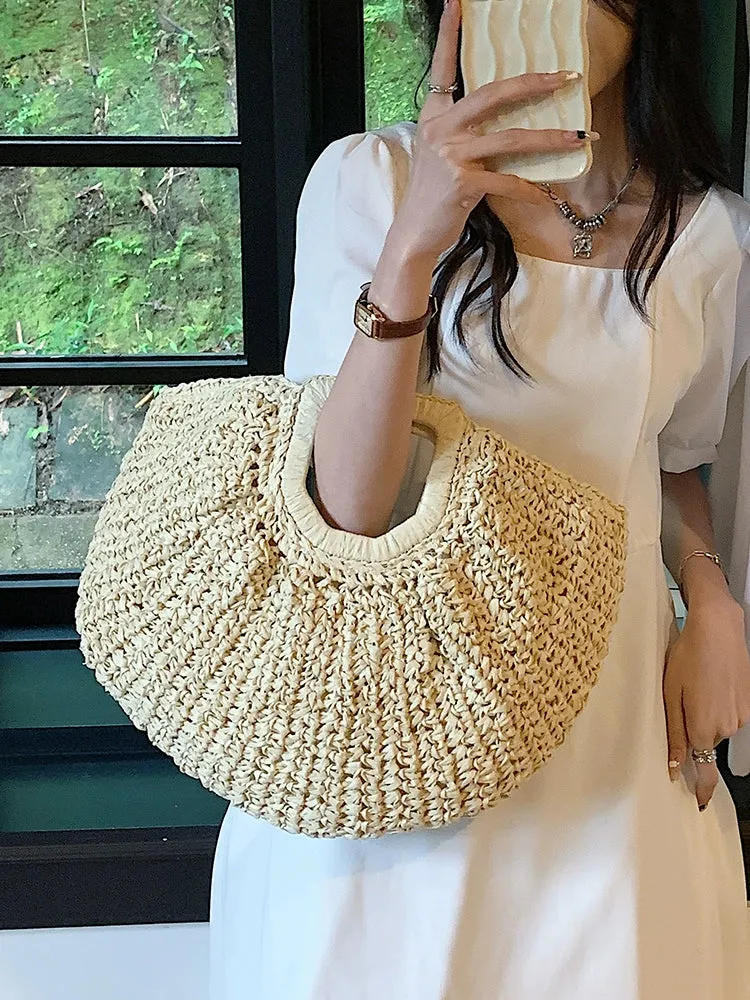 Seaside Holiday Straw Woven Half Circle Bag